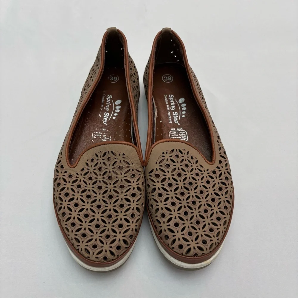 Spring Step Tulisa Slip On Brown Perforated Leather Flats Size 8
